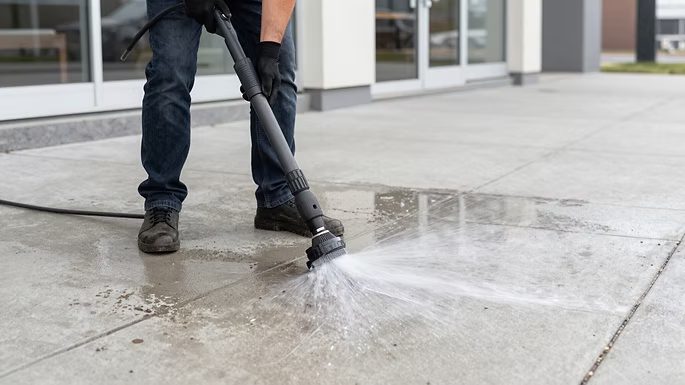Pressure washing a commercial sidewalk